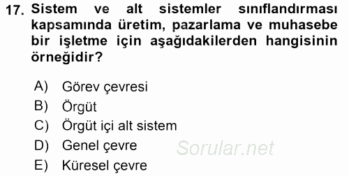 Yönetim Bilimi 1 2016 - 2017 Dönem Sonu Sınavı 17.Soru