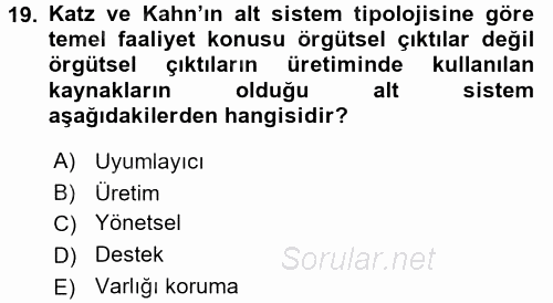 Yönetim Bilimi 1 2016 - 2017 Dönem Sonu Sınavı 19.Soru