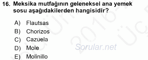 Dünya Mutfakları 1 2016 - 2017 3 Ders Sınavı 16.Soru