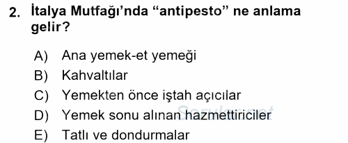 Dünya Mutfakları 1 2016 - 2017 3 Ders Sınavı 2.Soru