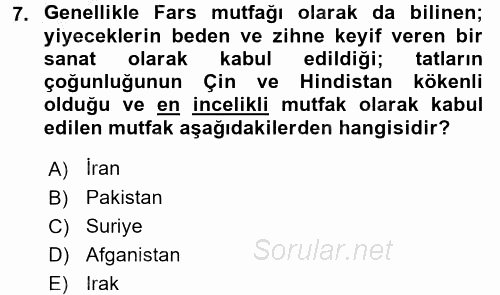 Dünya Mutfakları 2 2016 - 2017 3 Ders Sınavı 7.Soru