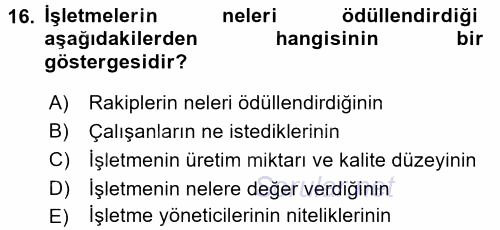 Ücret ve Ödül Yönetimi 2017 - 2018 Dönem Sonu Sınavı 16.Soru