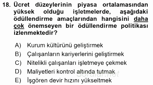 Ücret ve Ödül Yönetimi 2017 - 2018 Dönem Sonu Sınavı 18.Soru