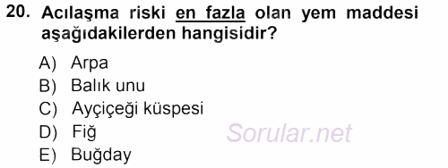 Temel Yem Bilgisi ve Hayvan Besleme 2012 - 2013 Ara Sınavı 20.Soru