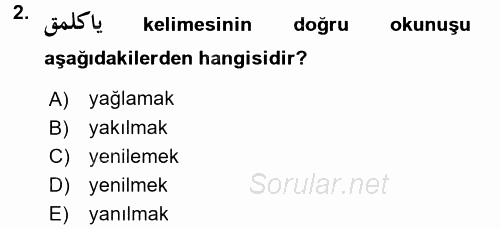 Osmanlı Türkçesi 1 2016 - 2017 Dönem Sonu Sınavı 2.Soru