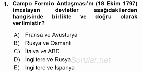 Osmanlı Tarihi (1789-1876) 2017 - 2018 Ara Sınavı 1.Soru