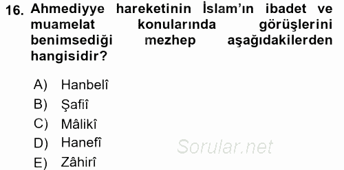 İslam Mezhepleri Tarihi 2016 - 2017 3 Ders Sınavı 16.Soru