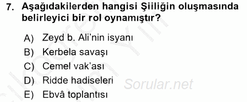 İslam Mezhepleri Tarihi 2016 - 2017 3 Ders Sınavı 7.Soru