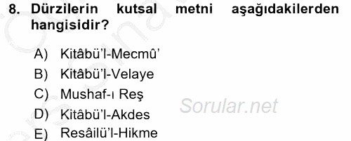 İslam Mezhepleri Tarihi 2016 - 2017 3 Ders Sınavı 8.Soru