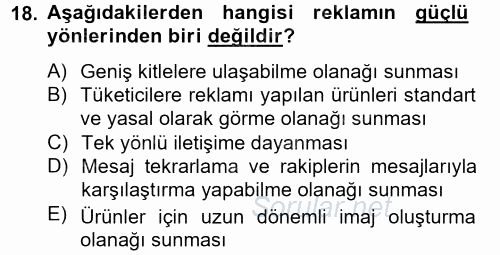 Pazarlama İletişimi 2012 - 2013 Dönem Sonu Sınavı 18.Soru