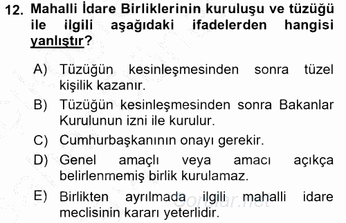 Yerel Yönetimler 2016 - 2017 Ara Sınavı 12.Soru