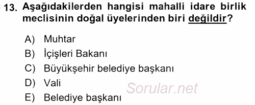 Yerel Yönetimler 2016 - 2017 Ara Sınavı 13.Soru