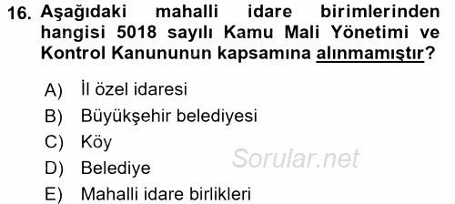 Yerel Yönetimler 2016 - 2017 Ara Sınavı 16.Soru