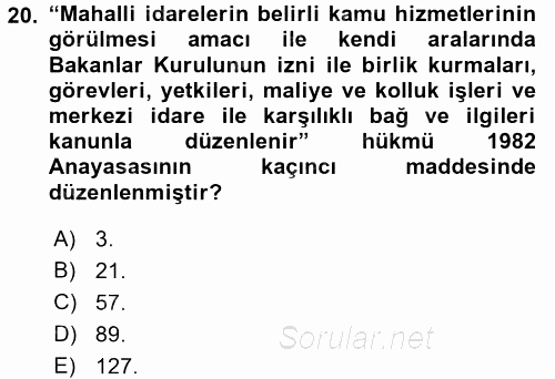 Yerel Yönetimler 2016 - 2017 Ara Sınavı 20.Soru
