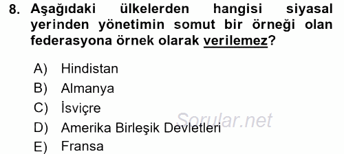 Yerel Yönetimler 2016 - 2017 Ara Sınavı 8.Soru