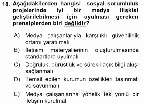 Kurumsal Sosyal Sorumluluk 2015 - 2016 Dönem Sonu Sınavı 18.Soru