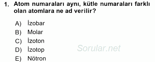 Hücre Kimyası 2015 - 2016 Tek Ders Sınavı 1.Soru