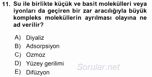 Hücre Kimyası 2015 - 2016 Tek Ders Sınavı 11.Soru