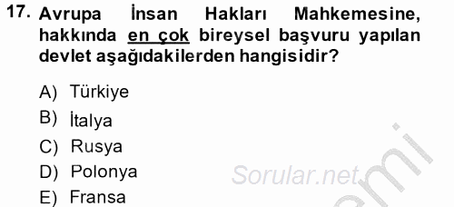 İnsan Hakları Ve Kamu Özgürlükleri 2014 - 2015 Dönem Sonu Sınavı 17.Soru