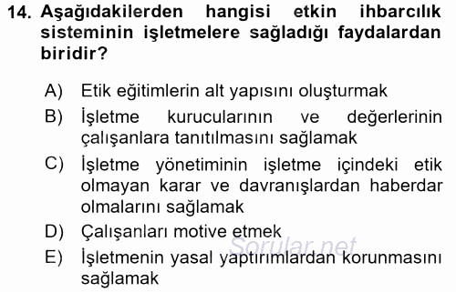 İş Etiği 2016 - 2017 Dönem Sonu Sınavı 14.Soru