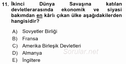 Siyasi Tarih 2 2016 - 2017 Ara Sınavı 11.Soru