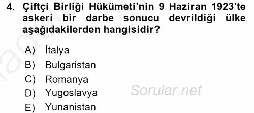 Siyasi Tarih 2 2016 - 2017 Ara Sınavı 4.Soru