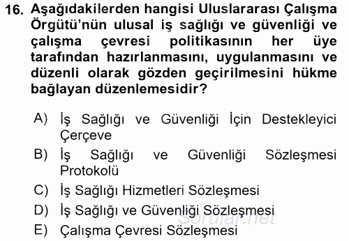 İş Sağlığı ve Güvenliği 2016 - 2017 3 Ders Sınavı 16.Soru