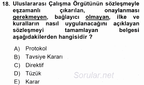 İş Sağlığı ve Güvenliği 2016 - 2017 3 Ders Sınavı 18.Soru