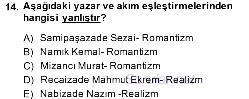 II. Abdülhamit Dönemi Türk Edebiyatı 2014 - 2015 Ara Sınavı 14.Soru