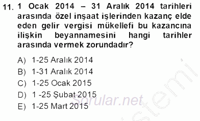 İnşaat ve Gayrimenkul Muhasebesi 2014 - 2015 Ara Sınavı 11.Soru