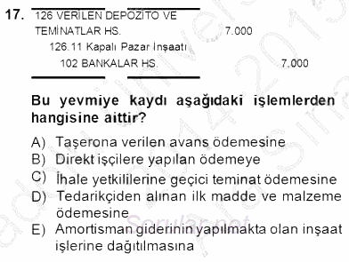 İnşaat ve Gayrimenkul Muhasebesi 2014 - 2015 Ara Sınavı 17.Soru