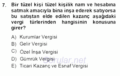 İnşaat ve Gayrimenkul Muhasebesi 2014 - 2015 Ara Sınavı 7.Soru