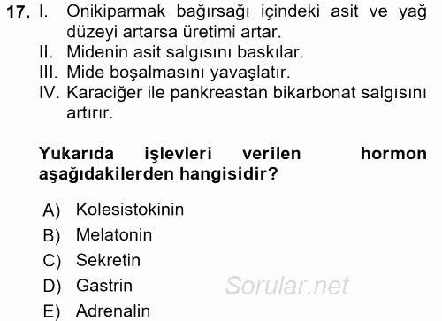 İnsan Beden Yapısı Ve Fizyolojisi 2017 - 2018 3 Ders Sınavı 17.Soru