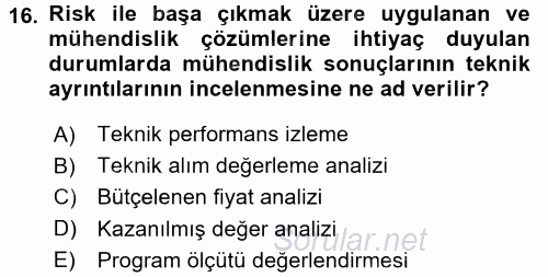 Proje Yönetimi 2015 - 2016 Dönem Sonu Sınavı 16.Soru