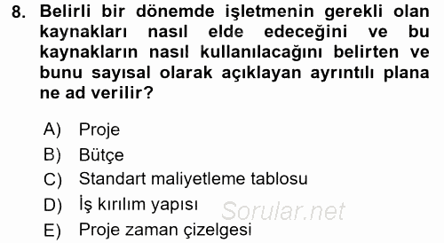Proje Yönetimi 2015 - 2016 Dönem Sonu Sınavı 8.Soru