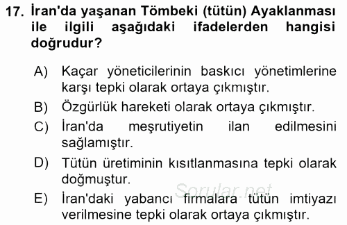 Modern Ortadoğu Tarihi 2016 - 2017 Dönem Sonu Sınavı 17.Soru