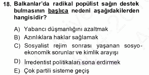 Balkanlar´da Siyaset 2014 - 2015 Ara Sınavı 18.Soru