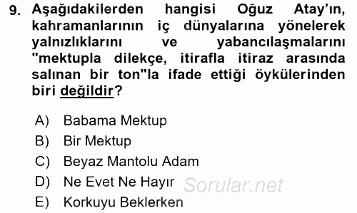 Yeni Türk Edebiyatına Giriş 1 2017 - 2018 Dönem Sonu Sınavı 9.Soru