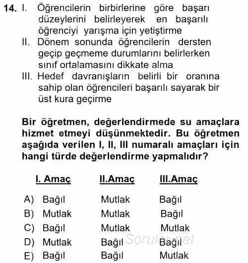 Ölçme Ve Değerlendirme 2016 - 2017 Dönem Sonu Sınavı 14.Soru