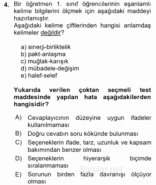 Ölçme Ve Değerlendirme 2016 - 2017 Dönem Sonu Sınavı 4.Soru