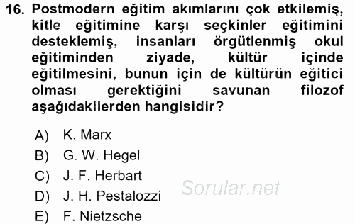 Eğitim Tarihi 2017 - 2018 Dönem Sonu Sınavı 16.Soru