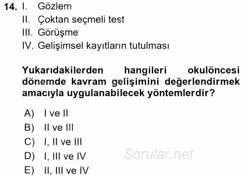 Okulöncesinde Matematik Eğitimi 2016 - 2017 Ara Sınavı 14.Soru