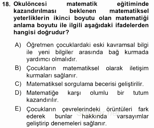 Okulöncesinde Matematik Eğitimi 2016 - 2017 Ara Sınavı 18.Soru