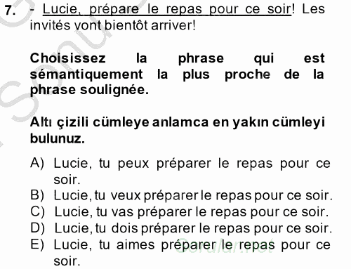 Fransızca 1 2014 - 2015 Dönem Sonu Sınavı 7.Soru