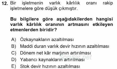 Finansal Tablolar Analizi 2017 - 2018 Dönem Sonu Sınavı 12.Soru