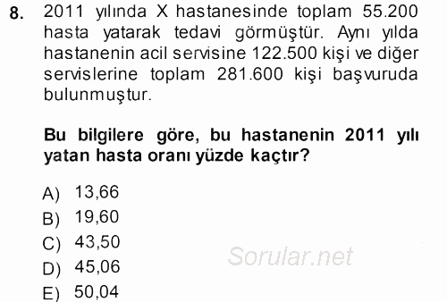 Tıbbi İstatistik 2014 - 2015 Dönem Sonu Sınavı 8.Soru