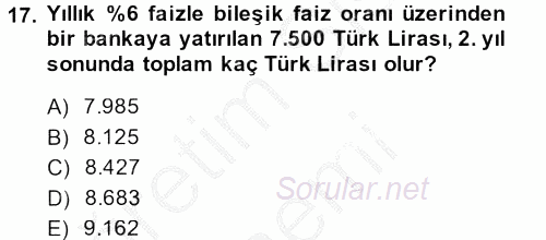 Sağlık Kurumlarında Finansal Yönetim 2014 - 2015 Ara Sınavı 17.Soru