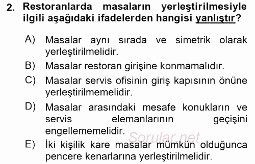 Yiyecek-İçecek Hizmetleri 2015 - 2016 Tek Ders Sınavı 2.Soru