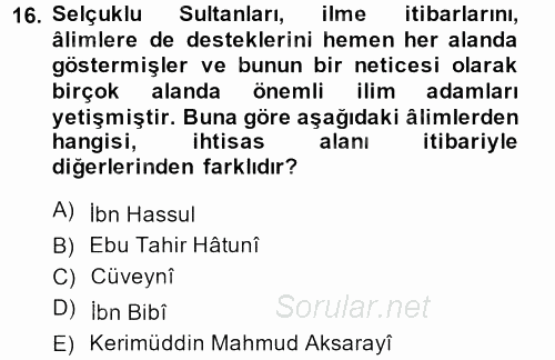 İslam Kurumları ve Medeniyeti 2013 - 2014 Ara Sınavı 16.Soru