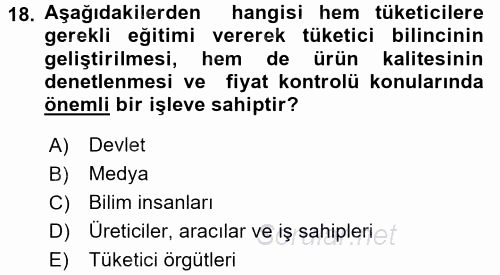 Tüketim Bilinci ve Bilinçli Tüketici 2017 - 2018 Dönem Sonu Sınavı 18.Soru